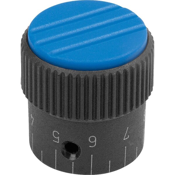 Knurled Knob W.Scale Size:1, D1=21, H=22, D=5, Form:C, Thermoplastic Black Ral7021, Cap:Blue Ral5017